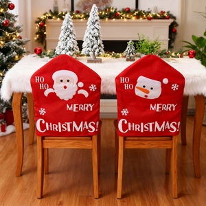 Classic red Christmas chair covers with Santa and snowman patterns for holiday home decor