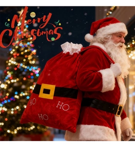 Détail de la hotte du Père Noël en velours rouge avec impression HO HO HO