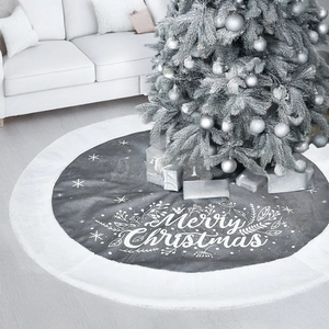 Christmas Tree Skirt Grey Fabric White Faux Fur Border Merry Christmas Letter Print Snowflake Holiday Ornament Decor