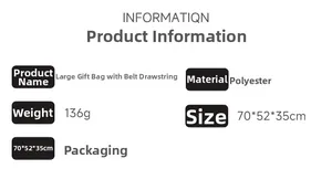 Spécifications du sac cadeau de Noël en polyester, taille 70x52x35cm et poids de 136g