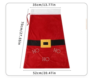 Détail du sac de Noël rouge avec dimensions 35x52x70cm et imprimé HO HO HO