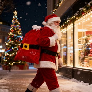 Vue détaillée du costume de Père Noël en velours rouge avec son grand sac à cadeaux