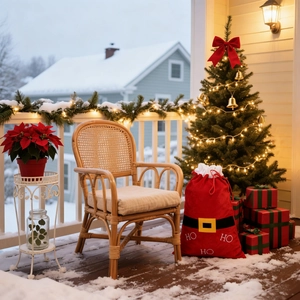 Grand sac cadeau en velours avec ceinture de Père Noël et texte HO HO HO dans la neige