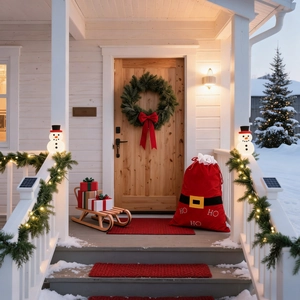 Détail du sac cadeau de Noël en velours rouge avec ceinture noire et lettrage HO HO HO