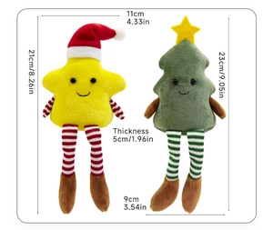 Detailed dimensions of plush star and Christmas tree doll decorations with long legs