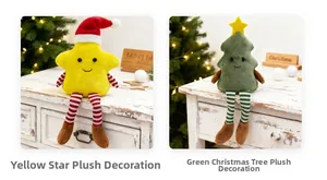Close-up of plush Christmas star and tree dolls with striped long legs on a white shelf