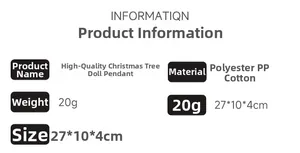 Detailed specifications for Christmas tree plush pendant featuring material and size info