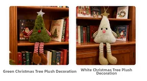 Detail of plush Christmas tree dolls with long legs and sequin stars on wooden shelves