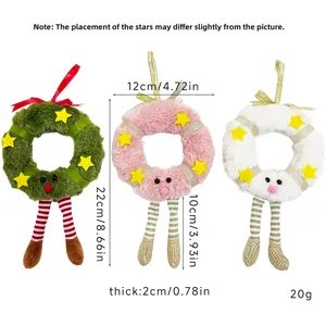 Three plush Christmas wreath ornaments in green, pink, and white with striped long legs
