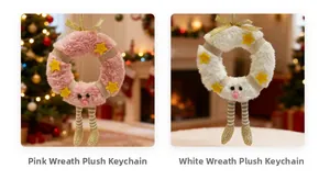 Pink and white plush Christmas wreath doll pendants with gold shoes and star accents