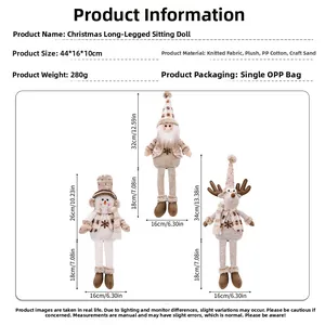 Christmas long-legged dolls with Santa, Snowman and Reindeer showing size specifications
