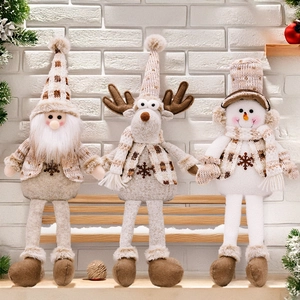 Three long-legged Christmas plush dolls set with Santa, elk, and snowman on wooden beam