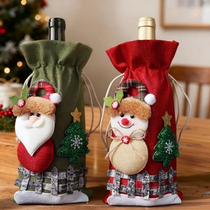 Set sacchetti natalizi in juta per bottiglie di vino con decoro Babbo Natale e Pupazzo