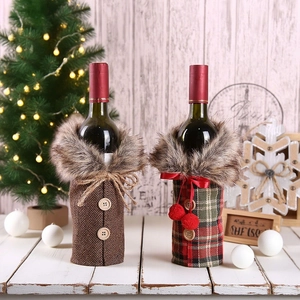 Christmas wine bottle covers with faux fur collars in plaid and herringbone designs
