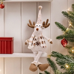 Nordic sitting reindeer plush doll with striped scarf and snowflake vest for Christmas decor