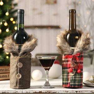 Plaid Christmas wine bottle covers with faux fur collars and wooden button details