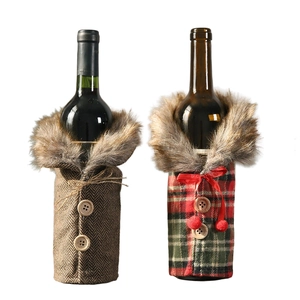 Christmas wine bottle covers with fur collar and plaid patterns for festive table decor