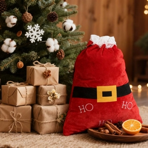 Grand sac cadeau de Noël en velours rouge avec ceinture et broderie HO HO HO festive