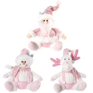Pink and white plush Christmas ornaments featuring Santa, Snowman, and Reindeer dolls