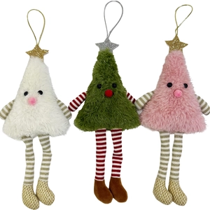 Plush Christmas tree dolls in white green and pink with striped long legs and stars