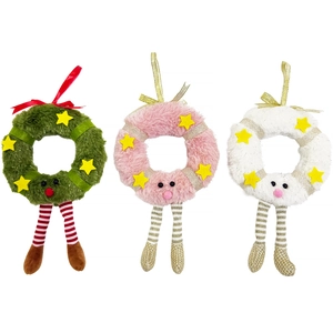 Three colorful Christmas plush wreath hanging decorations with stars and striped legs