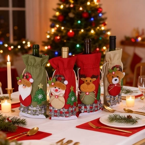 Set of 4 Christmas burlap wine bottle covers with Santa Snowman Reindeer Bear designs