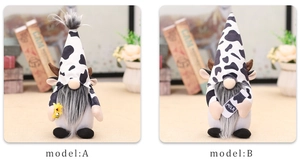 Detail view of cow print gnome plush set with milk bottle and sunflower decorations