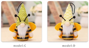 Detail of bee festival gnomes with LED lights, yellow dot hats and plush beards