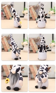 Detailed views of a cow gnome plush with milk bottle, sunflower, and cow print hat decor