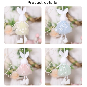 Detail view showing four plush Easter bunnies in mesh dresses for home party decoration