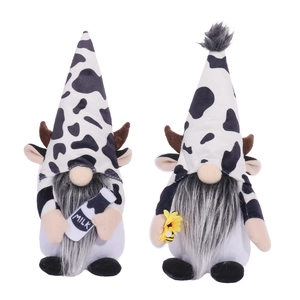 Set of two cow-themed faceless gnome dolls with horns and milk bottle for home decor