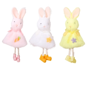 Three plush Easter bunny hanging decorations in pink, white, and yellow with mesh skirts