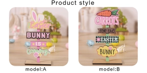 Detailed view of two styles of Easter wooden table signs with bunny ears and carrots