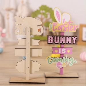 Detail of wooden Easter Bunny decoration featuring colorful letters and a sturdy base