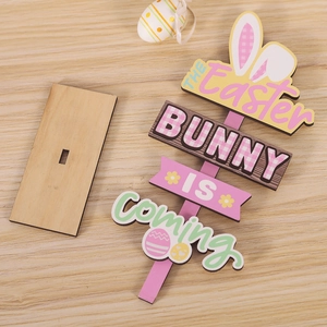 Easter Bunny wood sign with base and egg pendant for seasonal table decoration