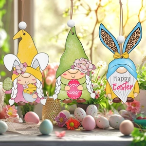 Three Easter wooden gnomes ornaments with 'Happy Easter' text and hanging beads