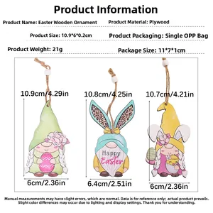 Close-up of Easter wooden gnome ornaments with Happy Easter text and size measurements