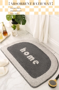 Detail of absorbent semi-circle bath mat with home text and soft high-density plush pile texture