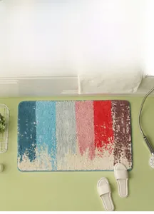Macro detail of a soft high-density plush bath mat with colorful striped pattern by a bathtub