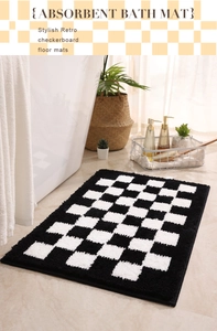 Detail of soft absorbent checkerboard bath mat with thick plush texture for bathrooms