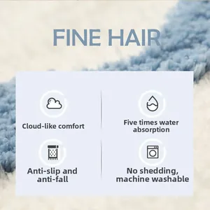 Close-up of soft blue and white long fiber texture with water absorption icons