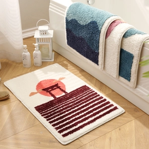 Non Slip Bathroom Rug Absorbent Flocked Floor Mat Abstract Mountain Sunset Pattern Soft Tufted Bath Mat For Washroom Entryway