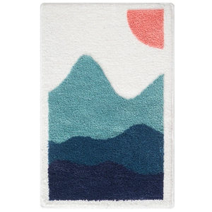 Absorbent bath mat with blue mountain landscape and sun, soft flocked non-slip carpet