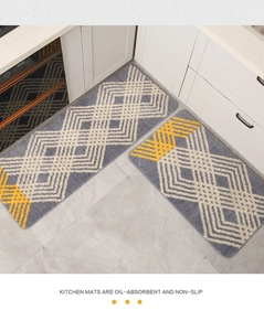 Detail of grey geometric striped kitchen mats with soft absorbent tufted texture
