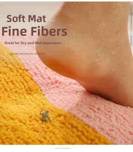 Macro view of absorbent microfiber bathroom mat with soft pink and yellow striped fibers