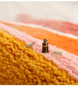 Macro detail of thick fiber bathroom mat showing plush texture and striped warm colors