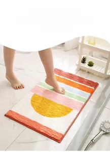 Detailed view of the soft absorbent bathroom mat with colorful geometric abstract patterns