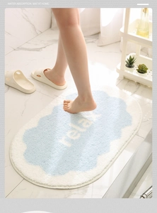 Detailed view of cloud-shaped blue bath mat featuring relax text and soft plush texture
