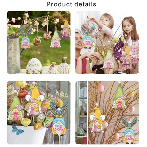Detail of wooden Easter gnome pendants with bunny ears and Happy Easter prints