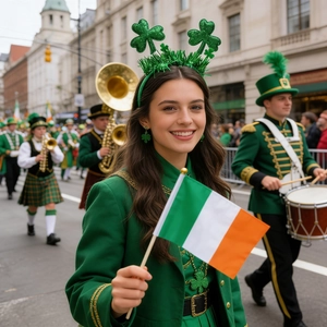 St. Patrick's Day set with green clover headband, earrings and flag for festive parade